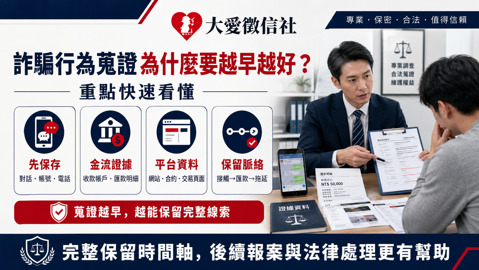 詐騙行為蒐證？遇到假投資、金錢、感情詐騙，徵信社推薦優先保留關鍵資料