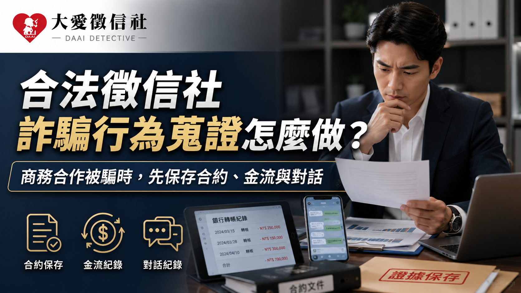 合法徵信社詐騙行為蒐證怎麼做？商務合作被騙時，先保存合約、金流與對話