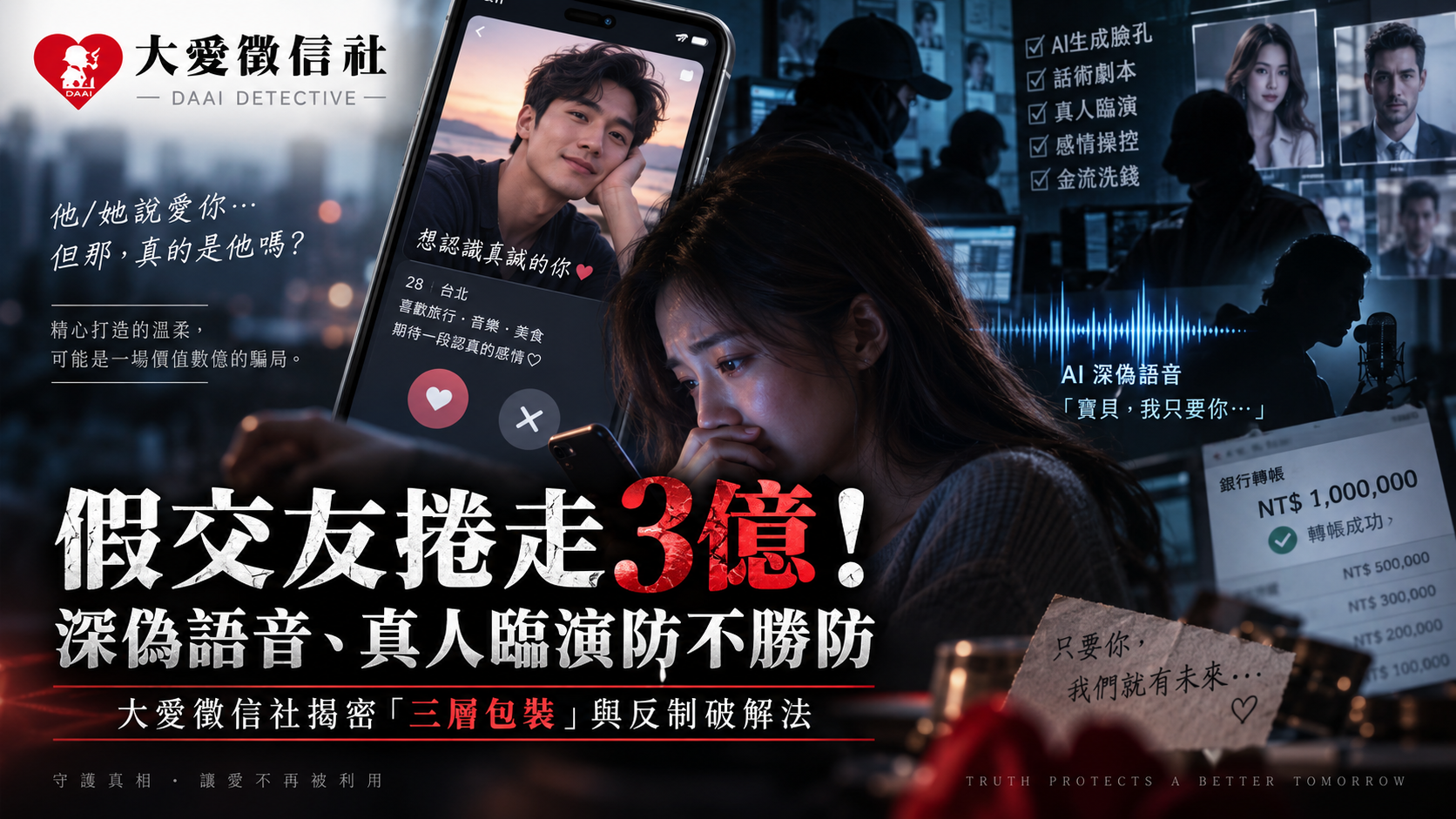 假交友捲走3億!深偽語音、真人臨演防不勝防,大愛徵信社揭密「三層包裝」與反制破解法 假交友捲走3億!深偽語音、真人臨演防不勝防,大愛徵信社揭密「三層包裝」與反制破解法