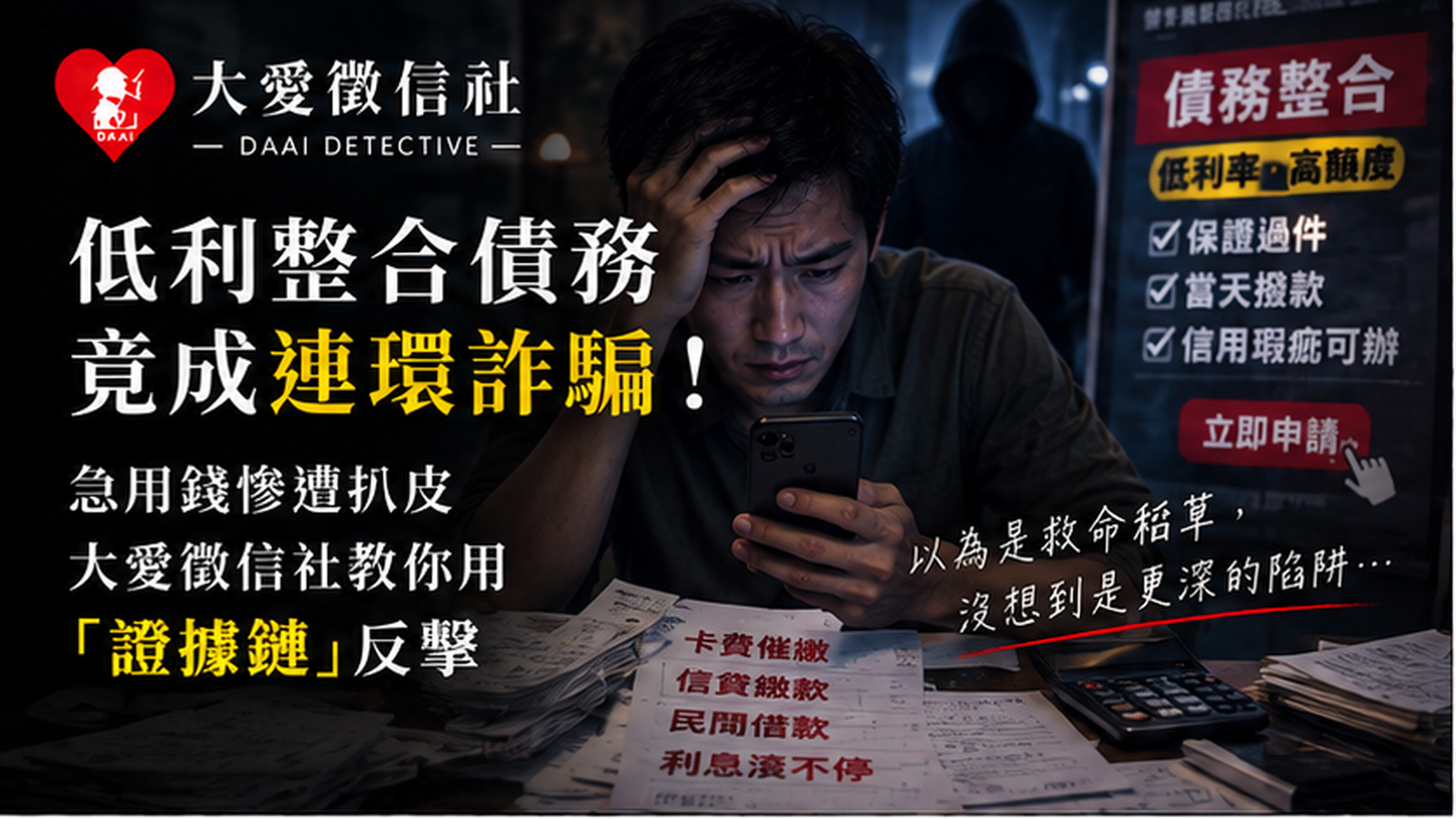 低利整合債務竟成連環詐騙！急用錢慘遭扒皮，大愛徵信社教你用「證據鏈」反擊